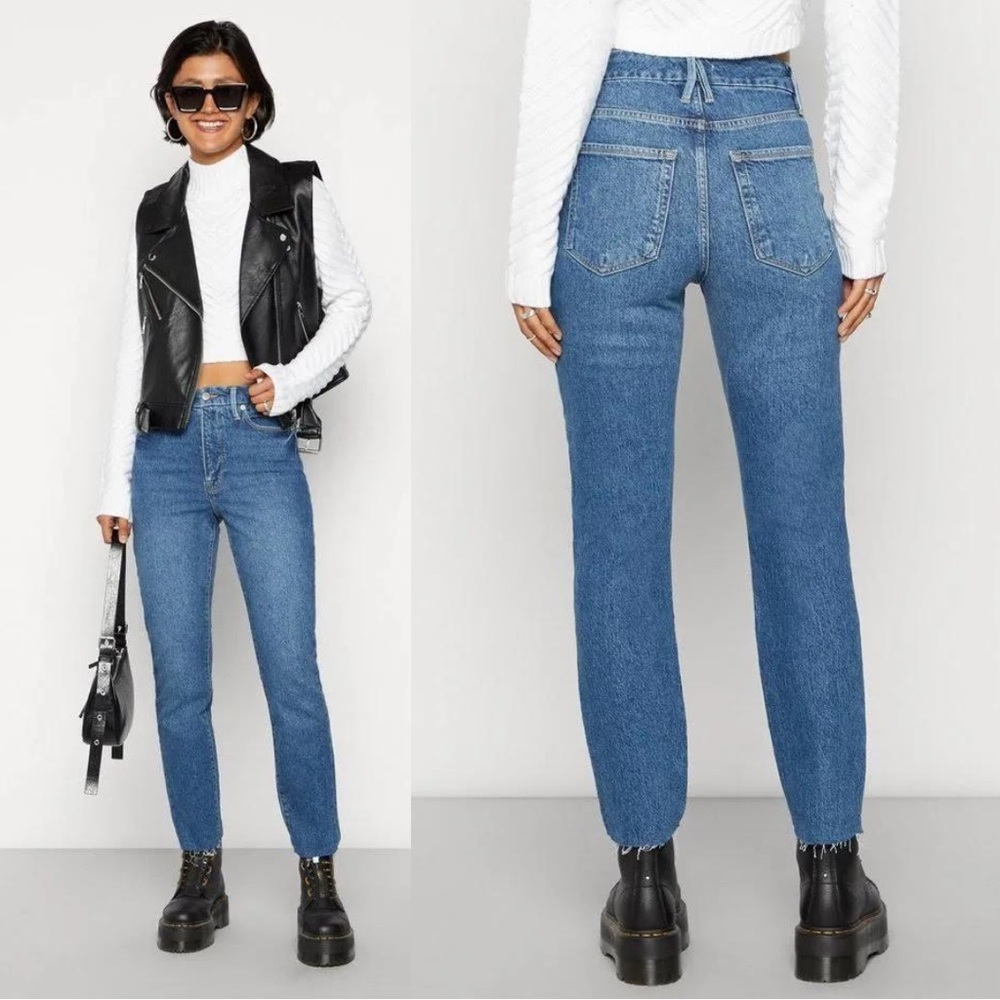 Good American NWT Good Classic Blue940 Raw Hem Ankle Crop Straight Jeans